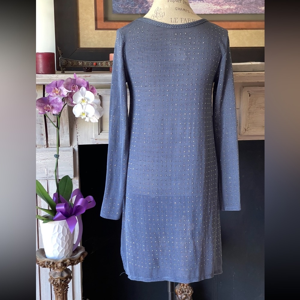 VOCAL Semi-Sheer High/Low Faceted Silvery Adornments on Denim Color Fabric Top S - Picture 4 of 7